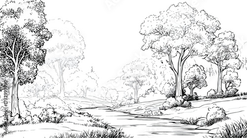 Tranquil Forest Scene with Vibrant Trees and Blossoms