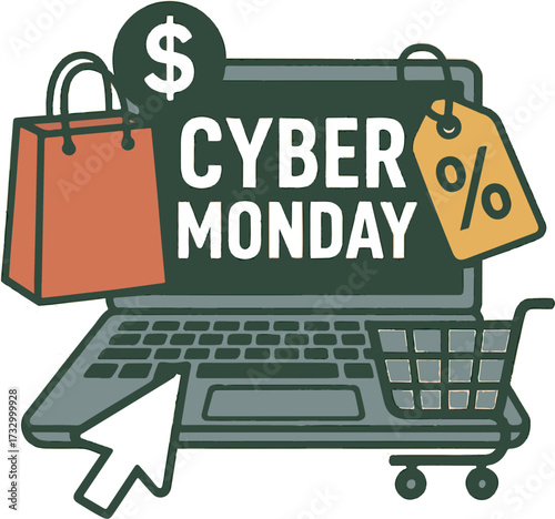 A retro-style flat illustration of Cyber Monday online shopping featuring a laptop, shopping bag, discount tag, and shopping cart