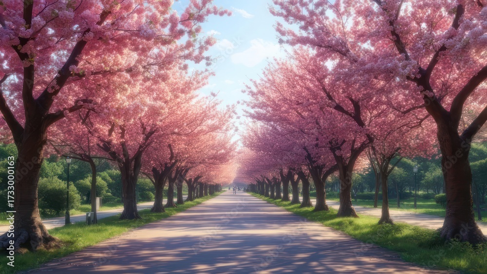 Naklejka premium Cherry blossoms line a park path