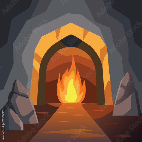 arched cave entrance with glowing firelight inside (1).eps