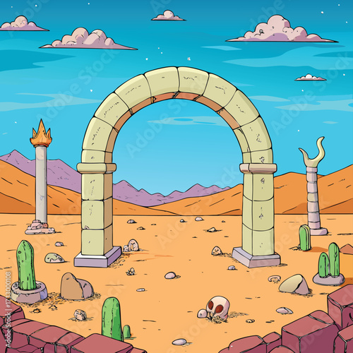arch made of bones in eerie fantasy wasteland .eps