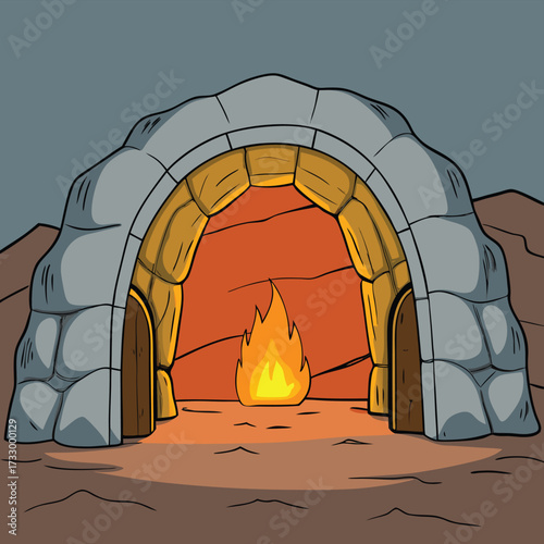 arched cave entrance with glowing firelight inside.eps