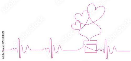 One continuous line drawing of cute gifts box tied with ribbon tape and flying heart shaped gas balloon. Romantic marriage proposal gift concept single line draw design graphic vector