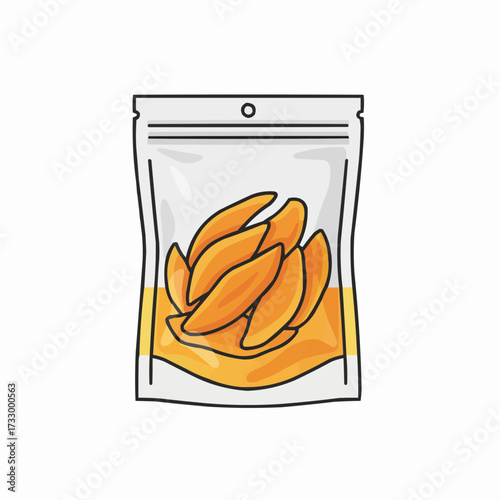 Vector illustration of dried mango slices in a resealable pouch package fresh fruit snack