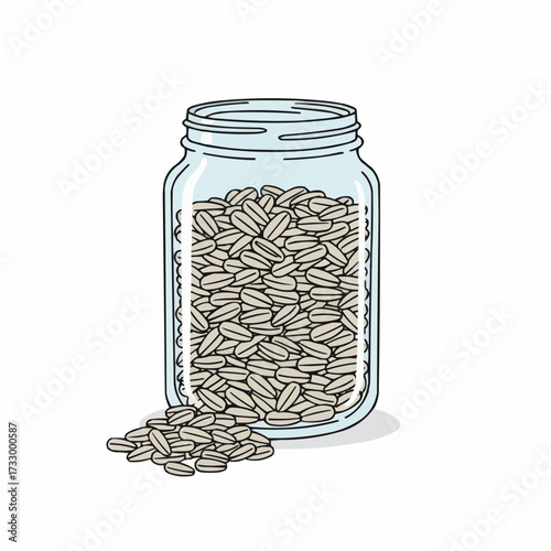 Vector illustration of a glass jar filled with grains and some spilled on a white surface