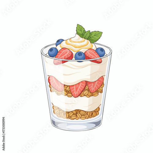 Delicious strawberry blueberry parfait dessert in glass vector illustration healthy sweet treat