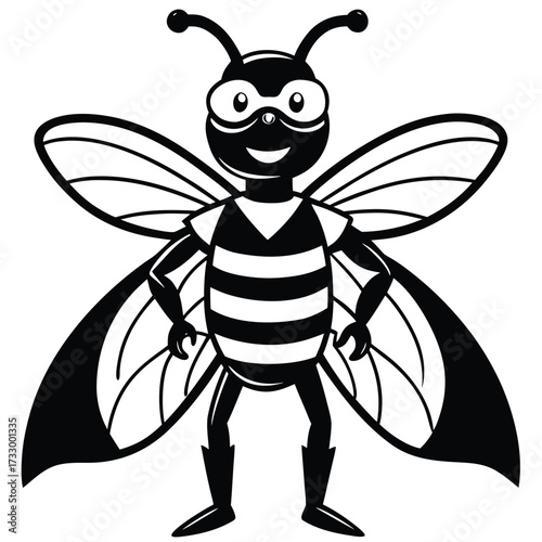 bee with superhero mask cartoon illustration on wh.eps