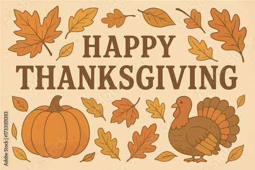 A festive Thanksgiving banner illustration with turkey, pumpkin, and autumn leaves in a retro vintage style