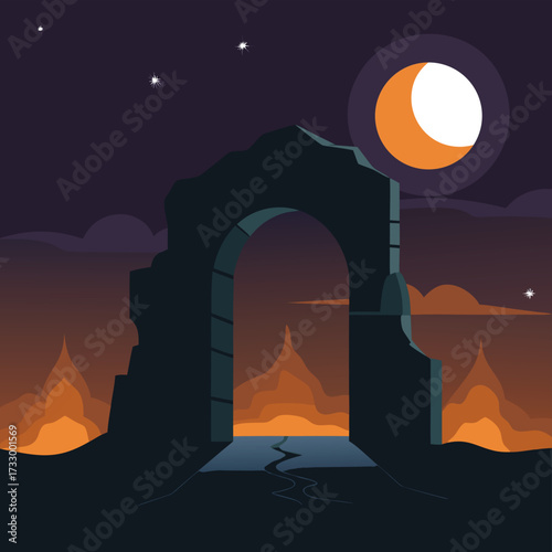 black volcanic stone arch at night with glowing mo (1).eps