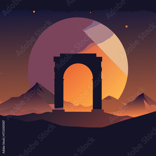 black volcanic stone arch at night with glowing mo (2).eps