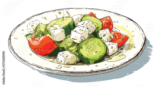 Greek Salad Plate with Fresh Cucumbers on a Traditional Setting