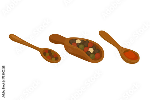Vector illustration of wooden spoons with colorful spices, flat cartoon doodle style isolated.