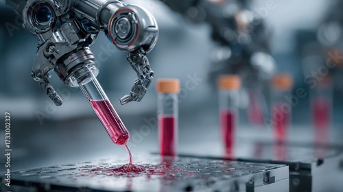 Robotic arm pouring liquid from a test tube in a futuristic laboratory setting