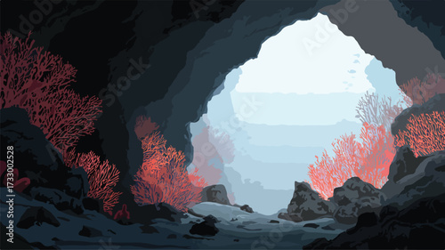 Underwater Cave Glowing Corals Vector Illustration