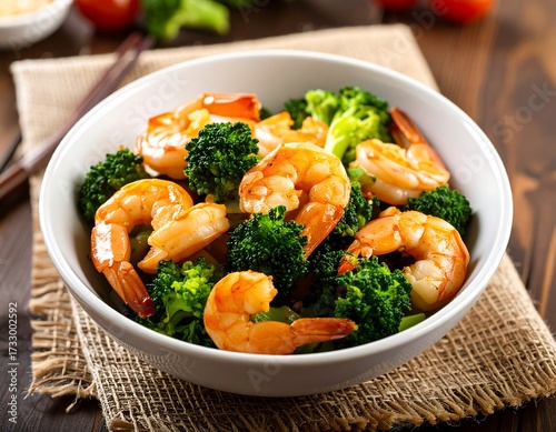 Shrimp and broccoli stir-fry in a bowl