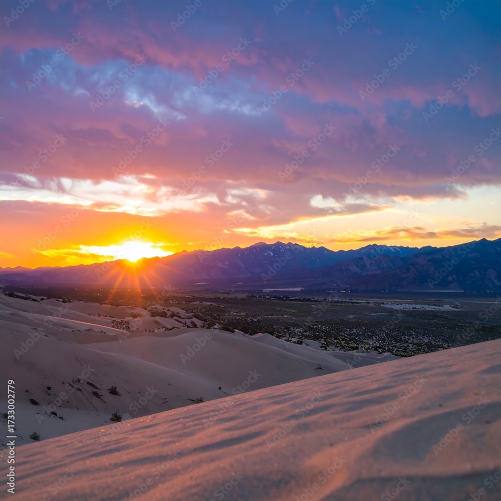 Fototapeta premium Sunset over sand dunes and mountains