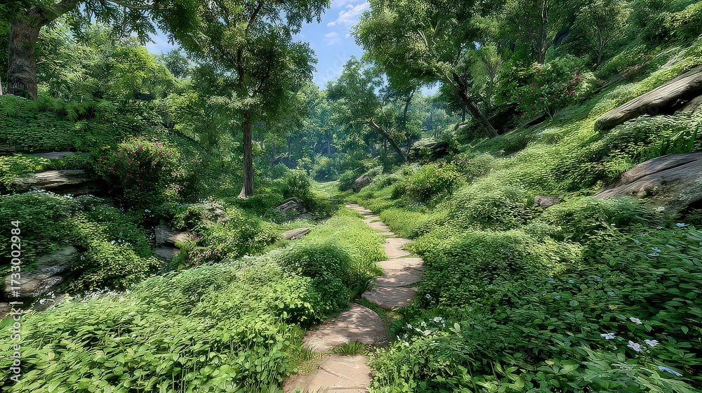 Naklejka premium Pixellated Path Through Lush Green Forest