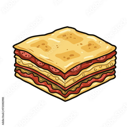 Cartoon Illustration of Lasagna al Forno with Bold Black Outline on White Background