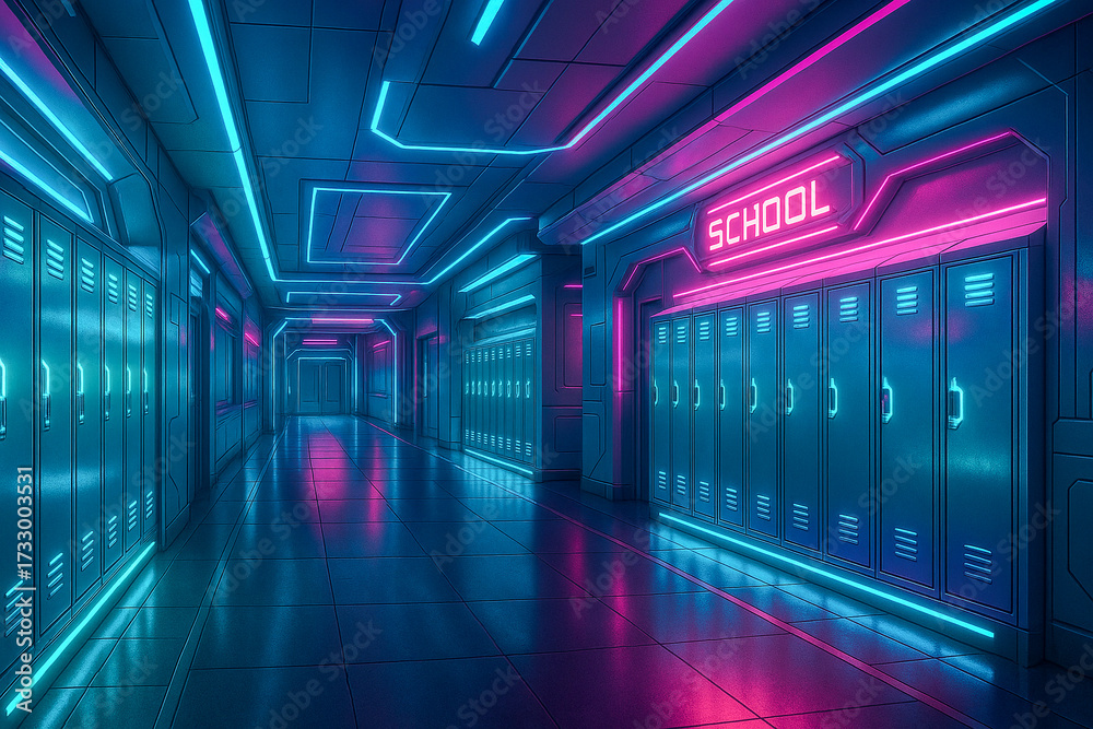 Fototapeta premium Neon Cyberpunk School Corridor with Lockers and Glowing Lights