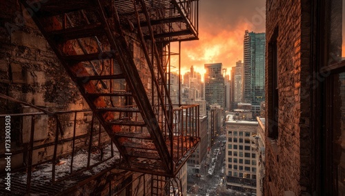 Wallpaper Mural Rusty fire escape at sunset, city view Torontodigital.ca