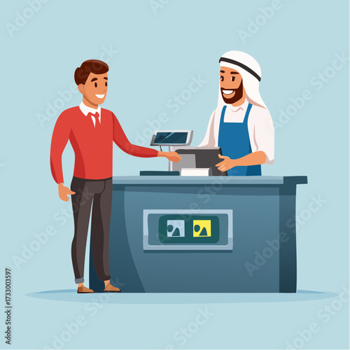 Illustration of a male customer at a retail counter interacting with a female cashier in a blue uniform on a light blue background.