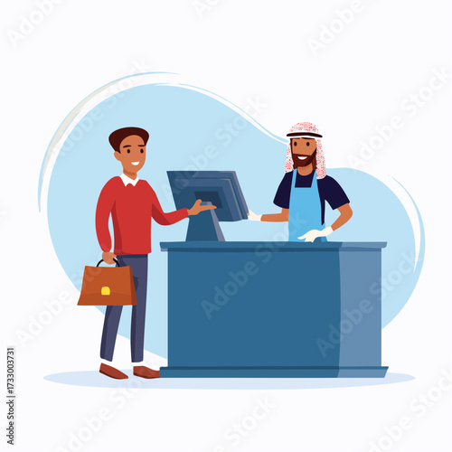 Illustration of a male customer at a retail counter interacting with a female cashier in a blue uniform on a light blue background.