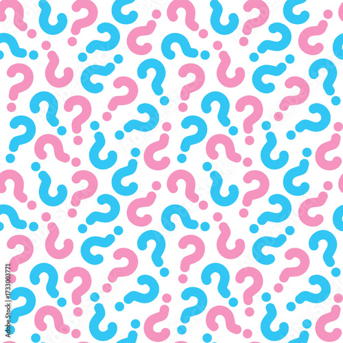 gender reveal party background, seamless pattern with pink and blue color question mark, holiday vector design for gift box, postcard, wrapping paper, fabric, tablecloth