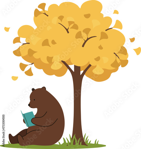 A bear reading a book under a ginkgo tree