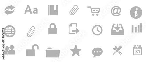 A vector illustration set of restaurant icons includes cutlery and shopping cart symbols for e-commerce web design. 
