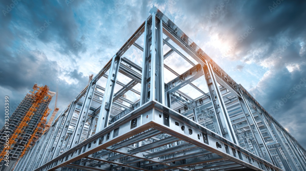 Fototapeta premium Architectural design of a modern building under construction with cranes and sky