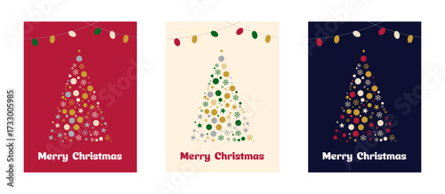 雪の結晶と星で彩られた3種類のクリスマスツリーカードデザインセット