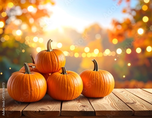 Pumpkins on a wooden table in autumn scenery
