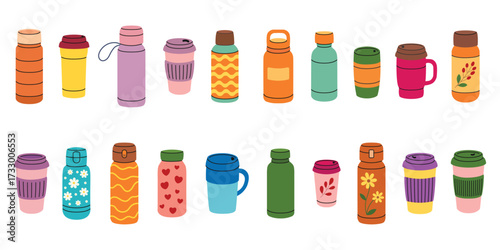 Set of travel thermos mugs. Thermoses, reusable cups, cups for hot drinks. Travel camping equipment. Vector illustration in flat style