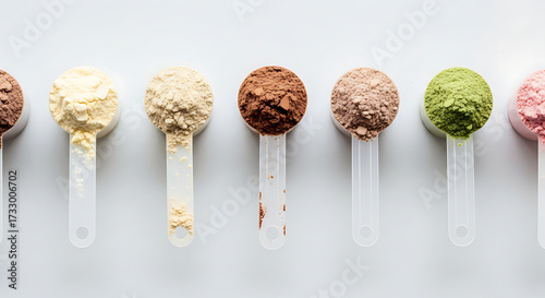 Assorted Protein Powder Scoops on White Background Isolated