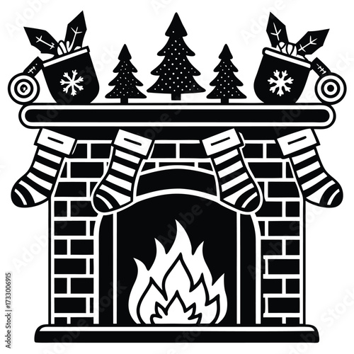 christmas fireplace with stockings cartoon clipart.eps