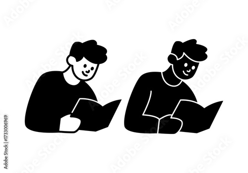 Minimal black student reading book icon.