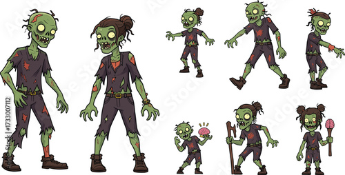 Cartoon zombie characters, creepy undead people illustration, scary walking dead monsters with brain, spooky horror design, apocalypse Halloween vector art collection