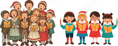 Christmas children choir illustration, kids singing carols with candles, festive holiday artwork, traditional group performance, joyful seasonal celebration, vintage and modern style