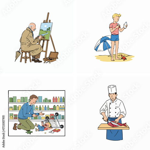 The Sunday Painter, The Sunscreen Application, The Supermarket Tantrum, The Sushi Master