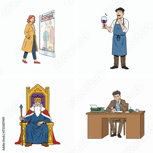 The Window Shopper, The Winemaker, The Wise King, The Writer's Block