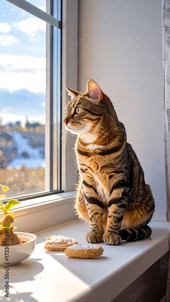 Naklejka premium A tabby cat sits by a window, looking out at a sunny autumn landscape
