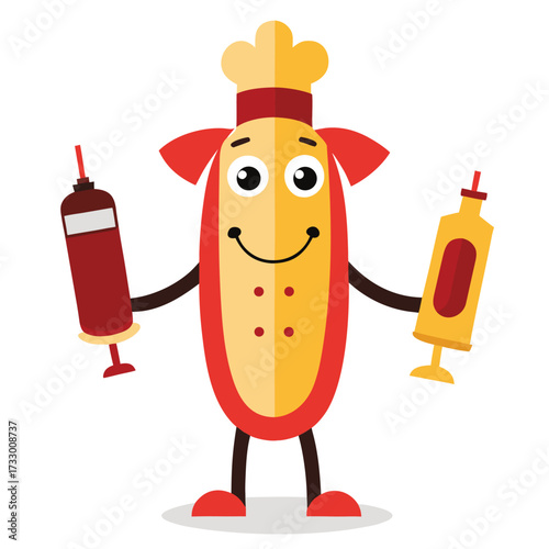 cute hot dog chef character holding ketchup and mu.eps