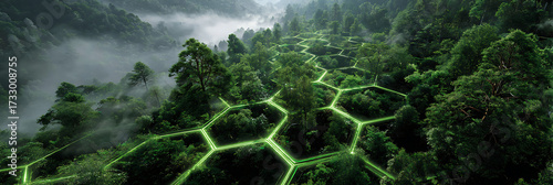 An aerial view of a lush green forest overlaid with a glowing neon green honeycomb grid pattern, symbolizing the intersection of nature, technology, and connectivity.
