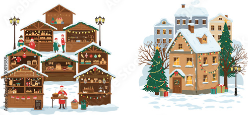 Christmas market stalls with wooden huts, festive house, snowy street, decorated tree, holiday lights, winter celebration, seasonal fair, traditional Christmas scene