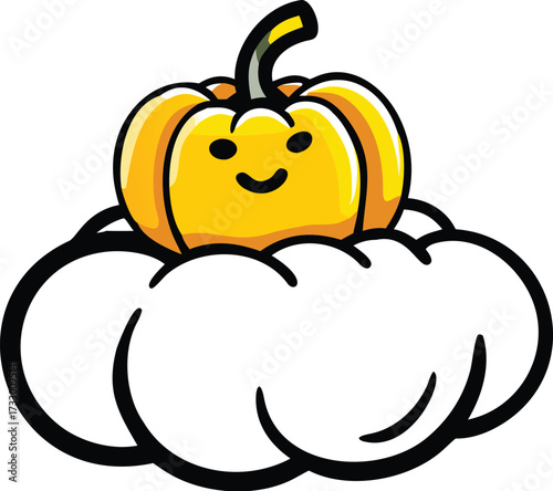 cute pumpkin sitting on cloud cartoon illustration.eps
