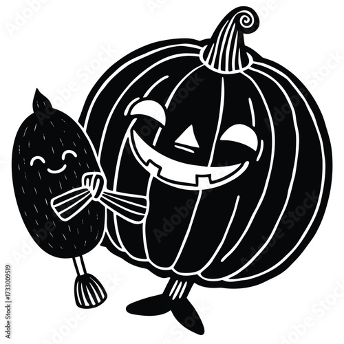 cute pumpkin hugging candy cartoon vector on white.eps