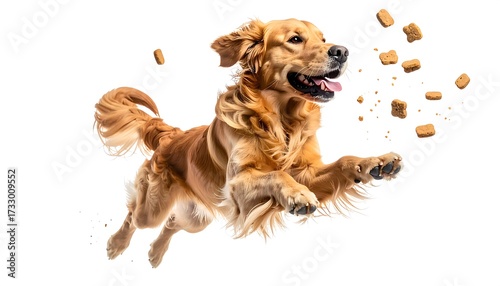Golden retriever dog leaps in the air, treats flying