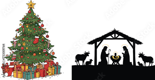 Christmas tree with gifts, nativity scene illustration, holiday celebration, festive decoration, Jesus birth, Christian tradition, seasonal winter artwork, Christmas spirit