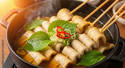 Closeup steaming korean fish cake soup eomuktang in black pot, with skewers fish cakes, fresh perilla leaves, and sliced chili pepper, popular korean comfort food