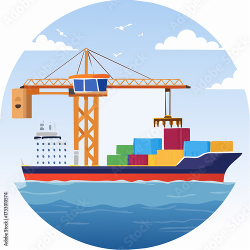 Illustration of a shipping port with cargo containers being loaded onto a vessel by a crane under clear skies.